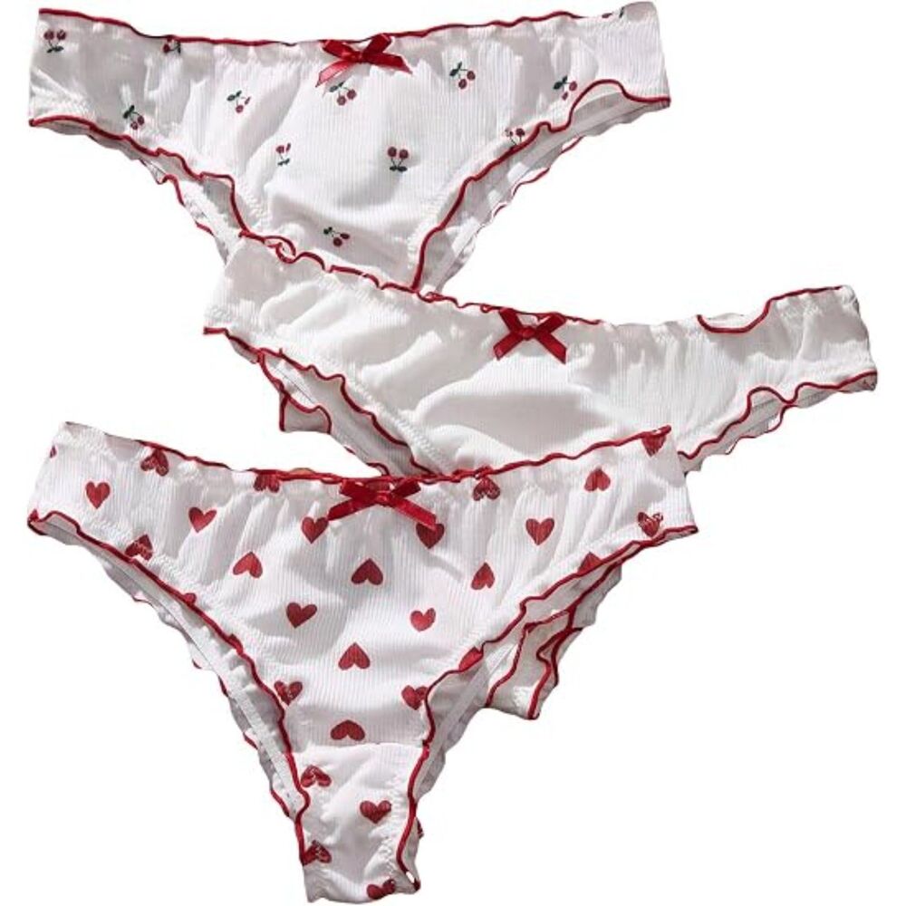 SHENHE Women’s Vintage Style Heart Print Ruffle Panties 3-Pack Large New